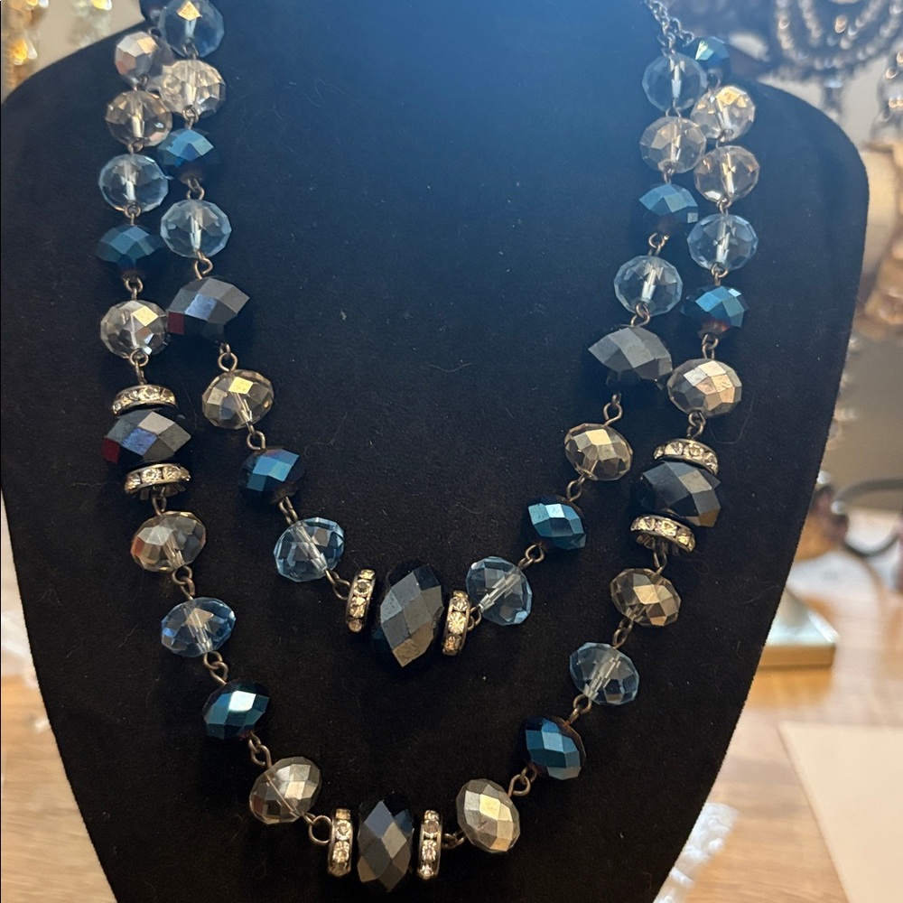 Vintage blue borealis and glass crystal two tier necklace